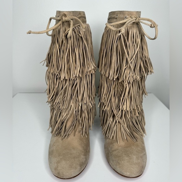 Christian Louboutin Pina Tan Suede Flat Fringe Wedge Boots- Boho Chic - Picture 2 of 10
